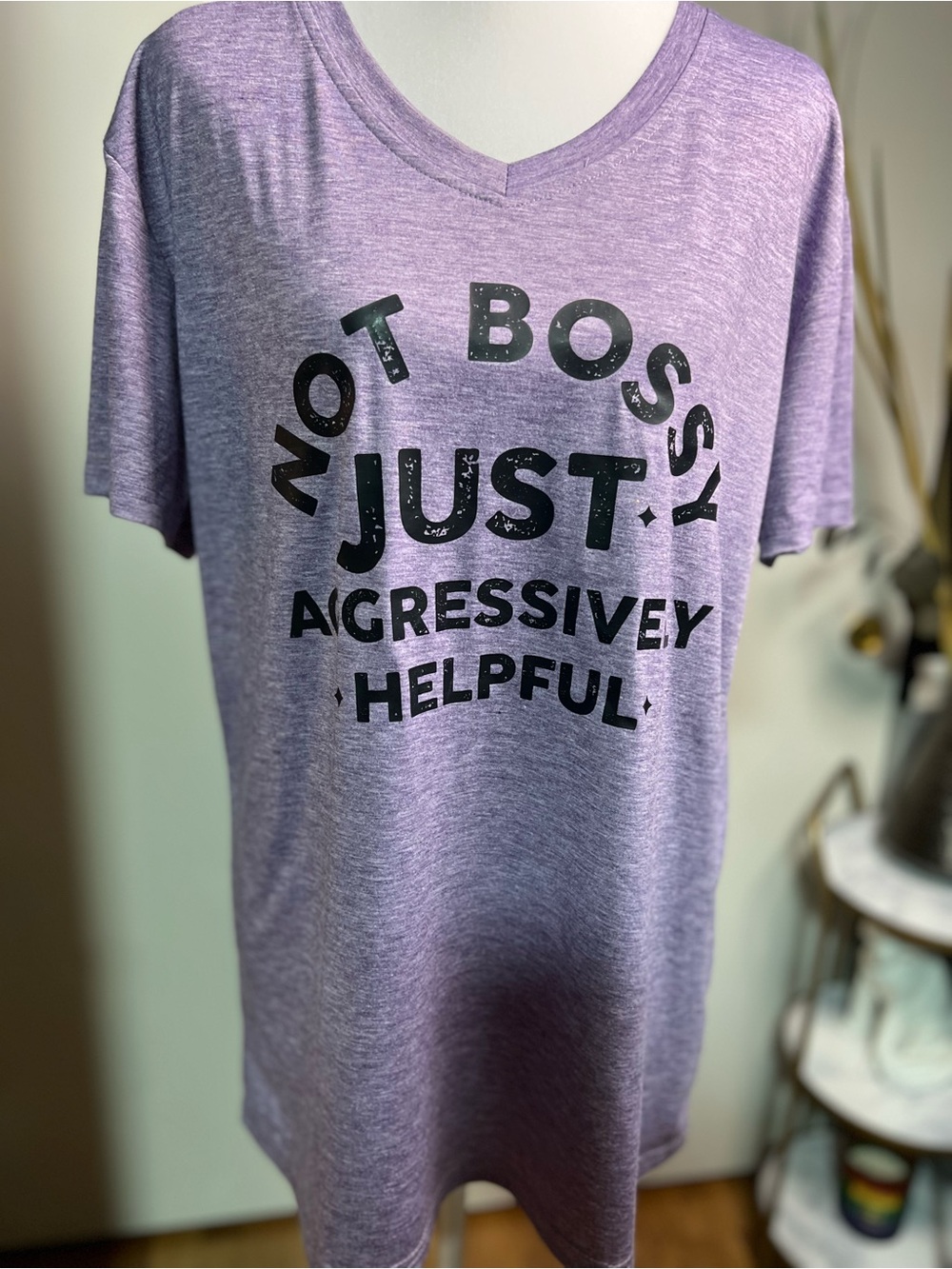 Purple V-Neck Graphic Tee - Not Bossy Just Aggressively Helpful